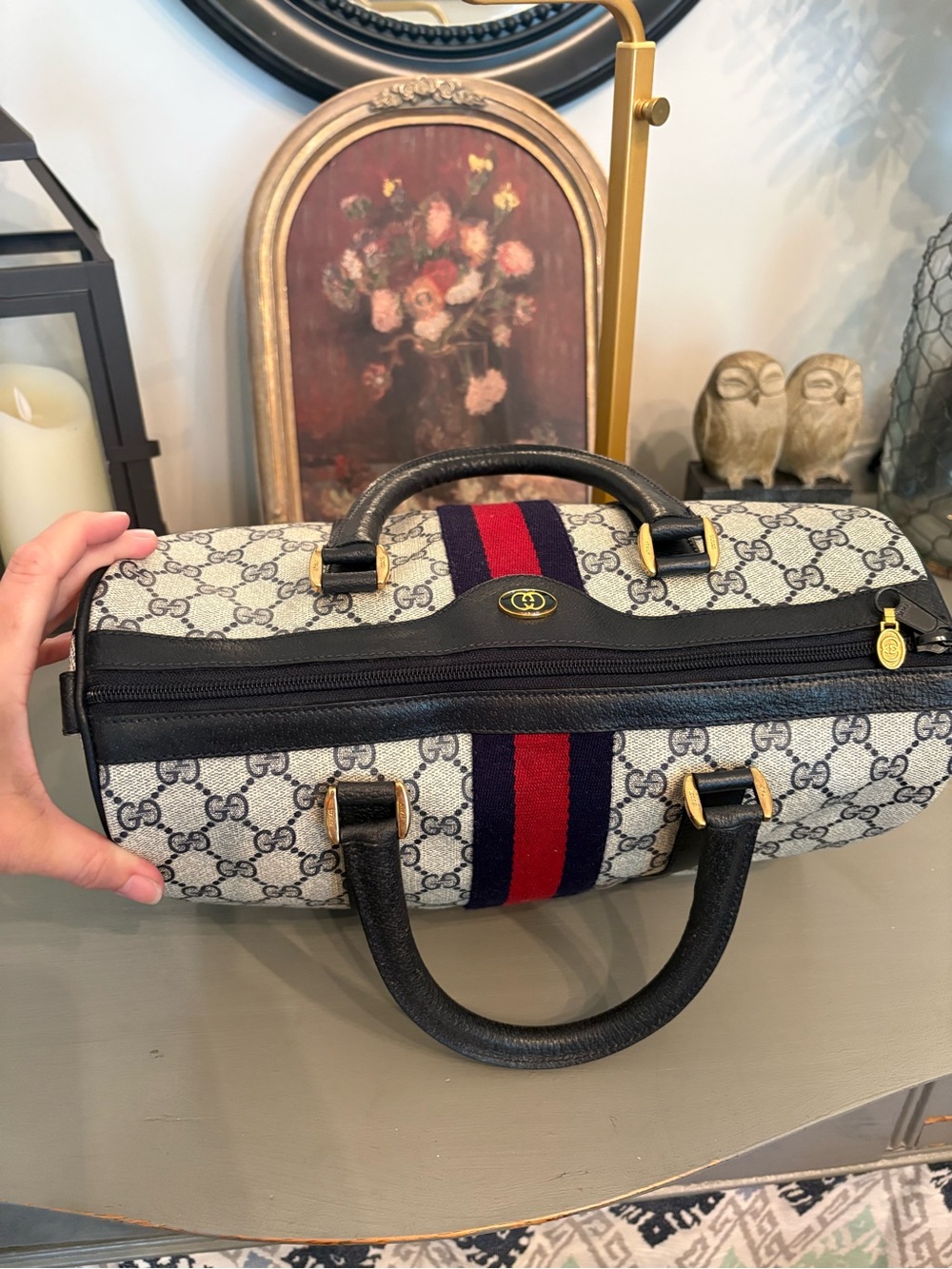Gucci Vintage GG Supreme Mono Boston Bag-Navy/Red Web Stripe - Picture 9 of 16